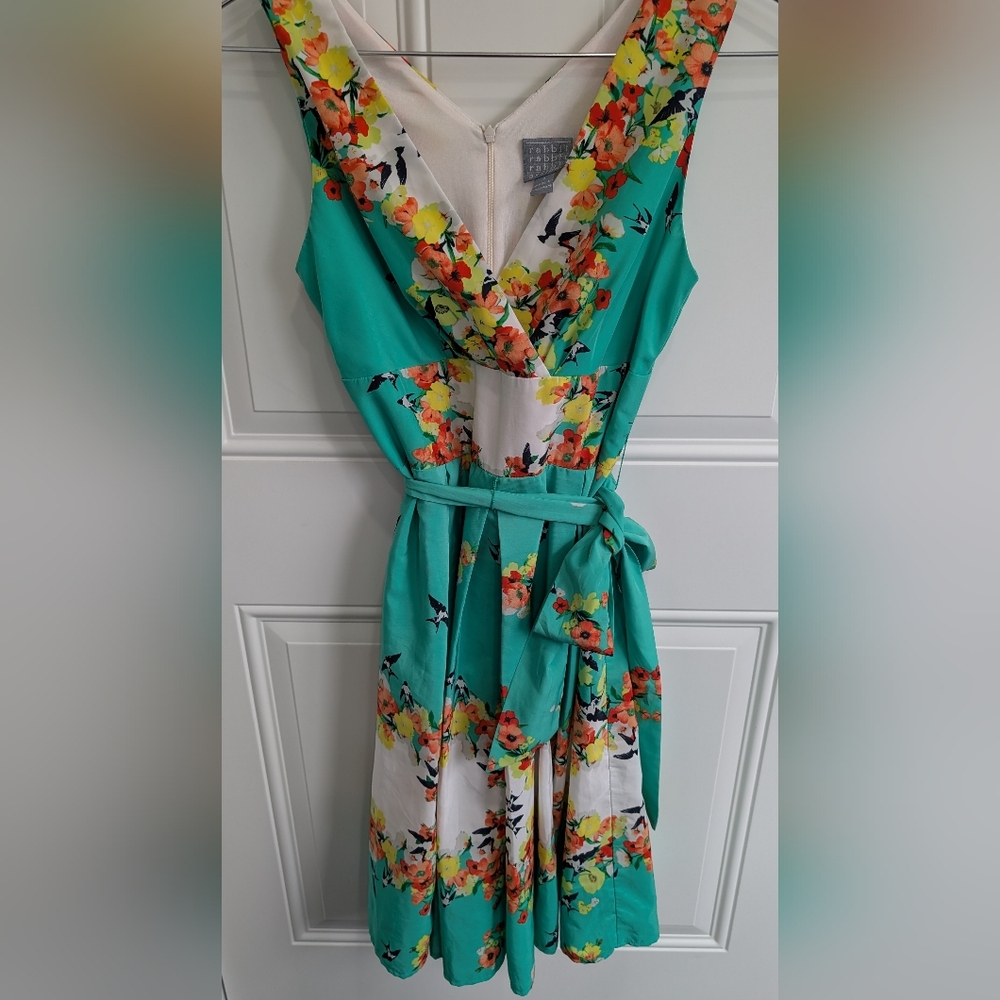 3/$20 Rabbit Rabbit Rabbit Blue Green Sleeveless V-Neck Sundress - Picture 3 of 7